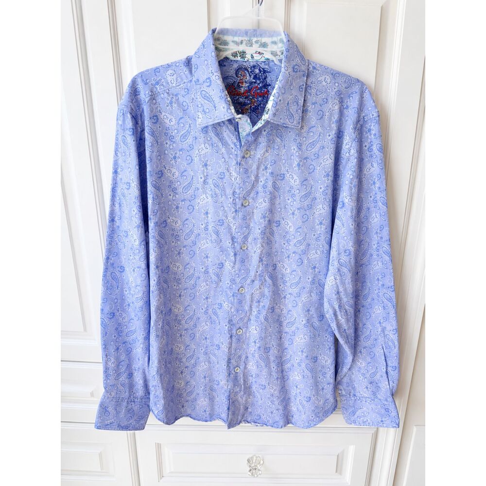 Robert Graham Mens L Blue Paisley Jacquard Button Front Long Sleeve Shirt